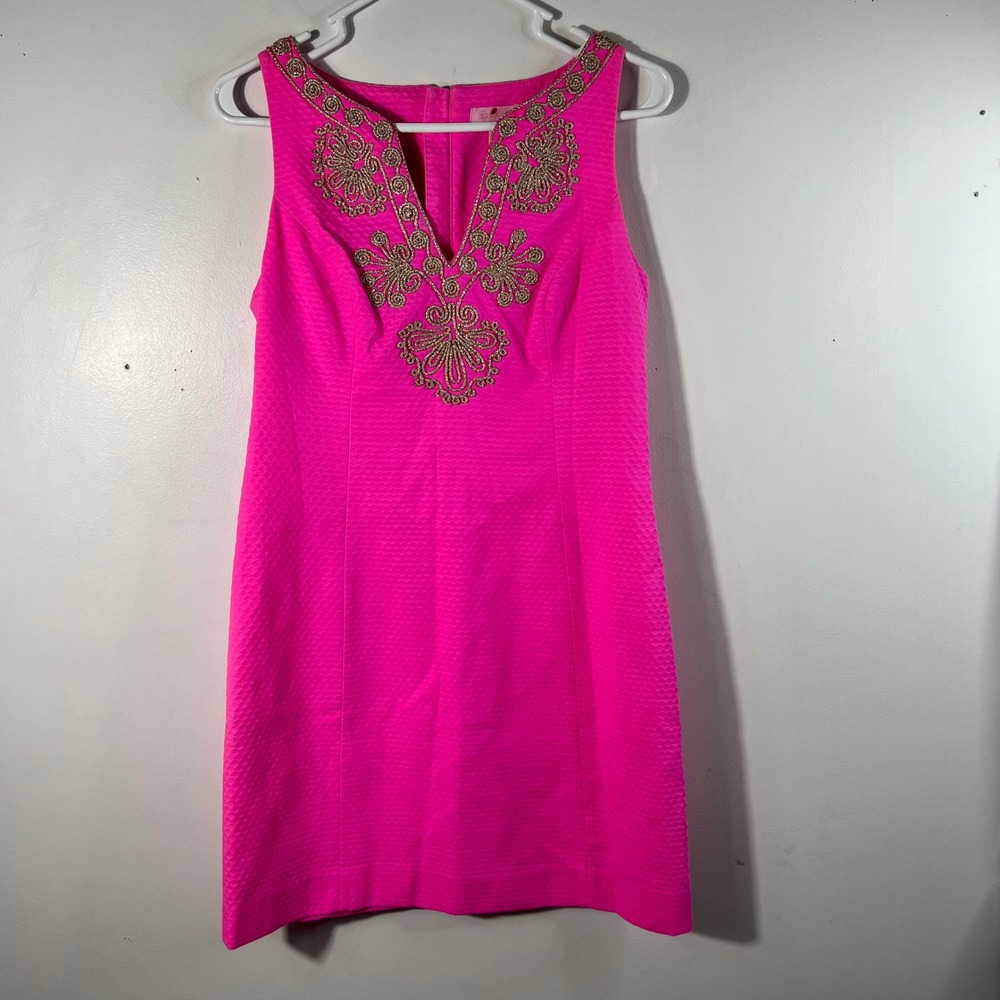 Womens Lilly Pulitzer Gabby Shift Dress in Pop Pink Metallic Gold Trim 4